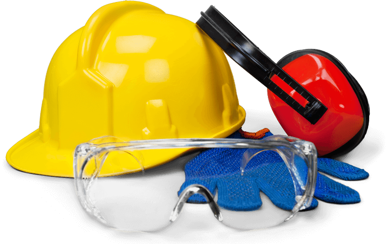 casco, occhiali, cuffie e guanti protettivi per la sicurezza sul lavoro